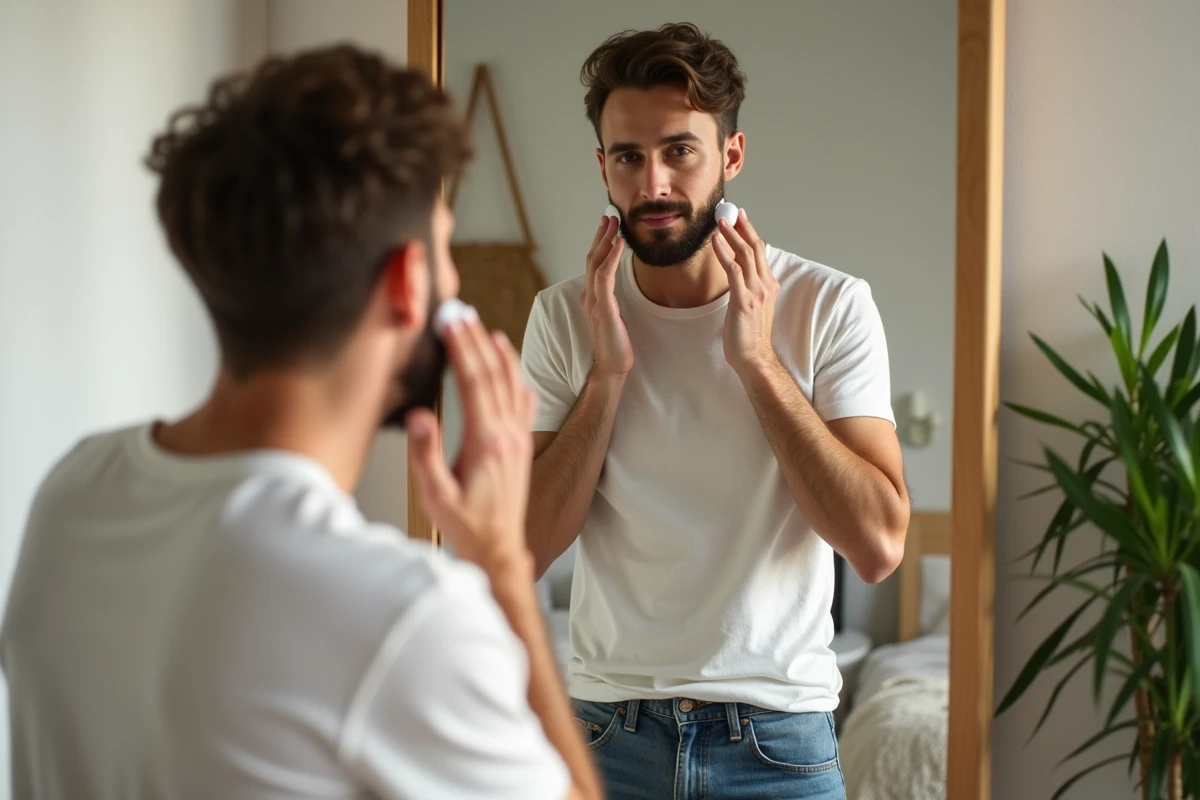 Homme appliquant une creme visage dans une chambre lumineuse