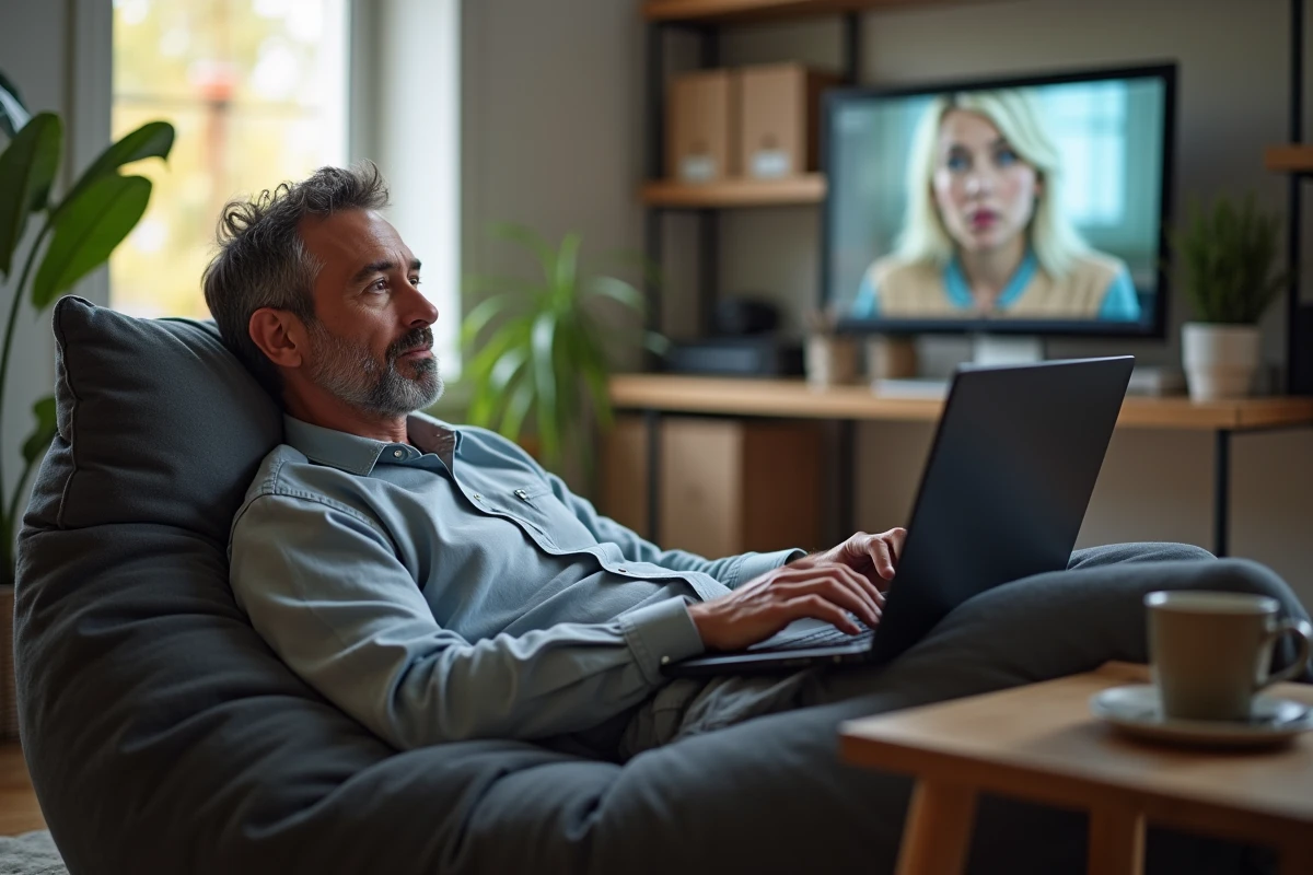 Homme regardant un film sur un ordinateur dans un bureau minimaliste