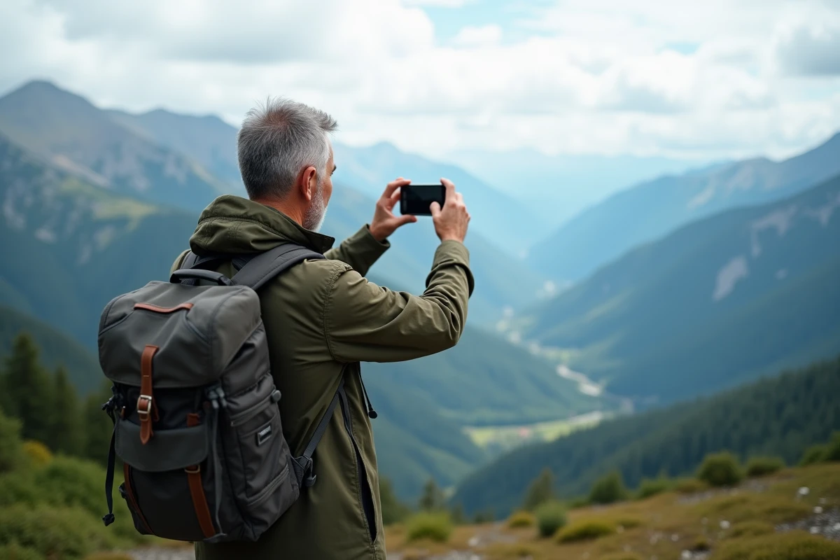 Homme prenant photo d’un paysage de montagne avec smartphone
