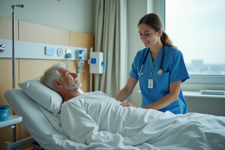 Infirmière repositionnant un patient âgé sur un lit d'hôpital pour prévenir les escarres au dos