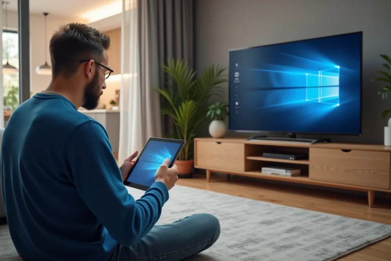 Homme en sweater bleu installe une app sur une TV connectée