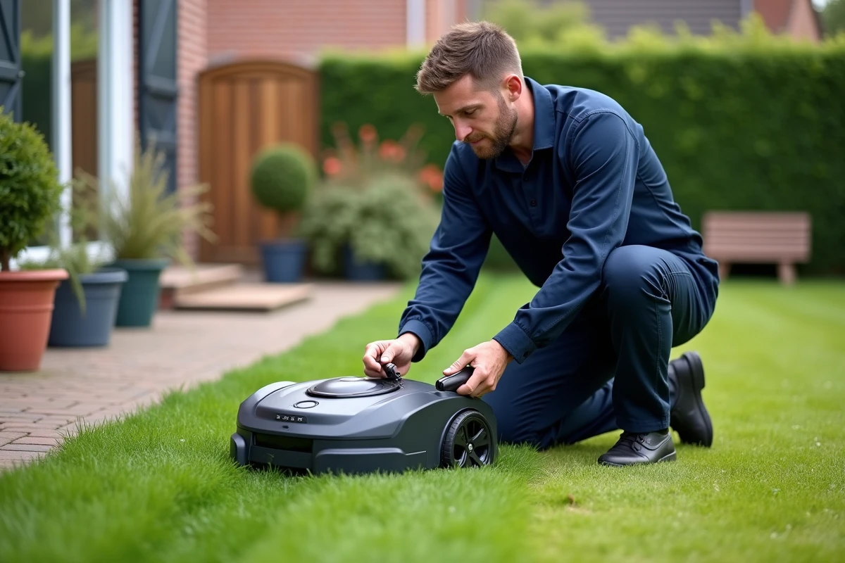 Technicien installant un robot tondeuse dans un jardin résidentiel lors de la mise en service