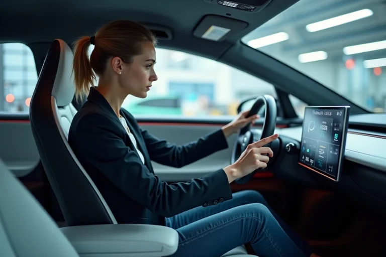 Jeune femme ingénieure inspectant un tableau de bord futuriste