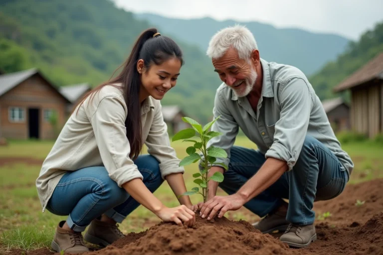 Jeune femme aide un homme à planter des arbres dans un village rural