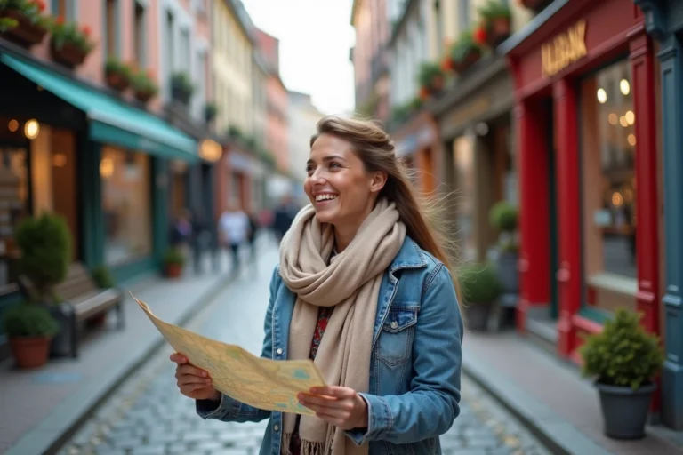 Jeune femme souriante avec carte de voyage dans une rue européenne