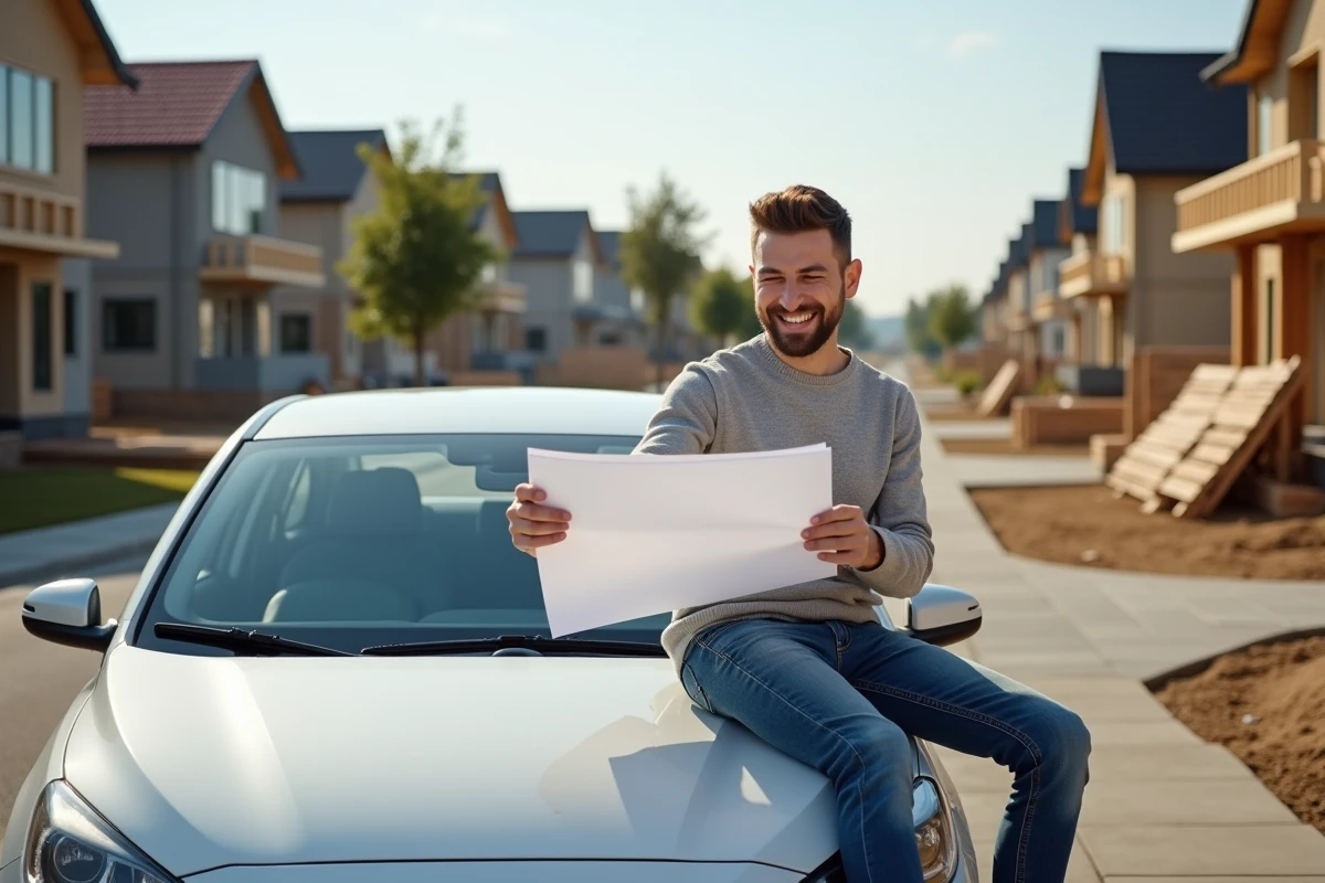 Jeune homme regardant des plans devant sa voiture dans un quartier