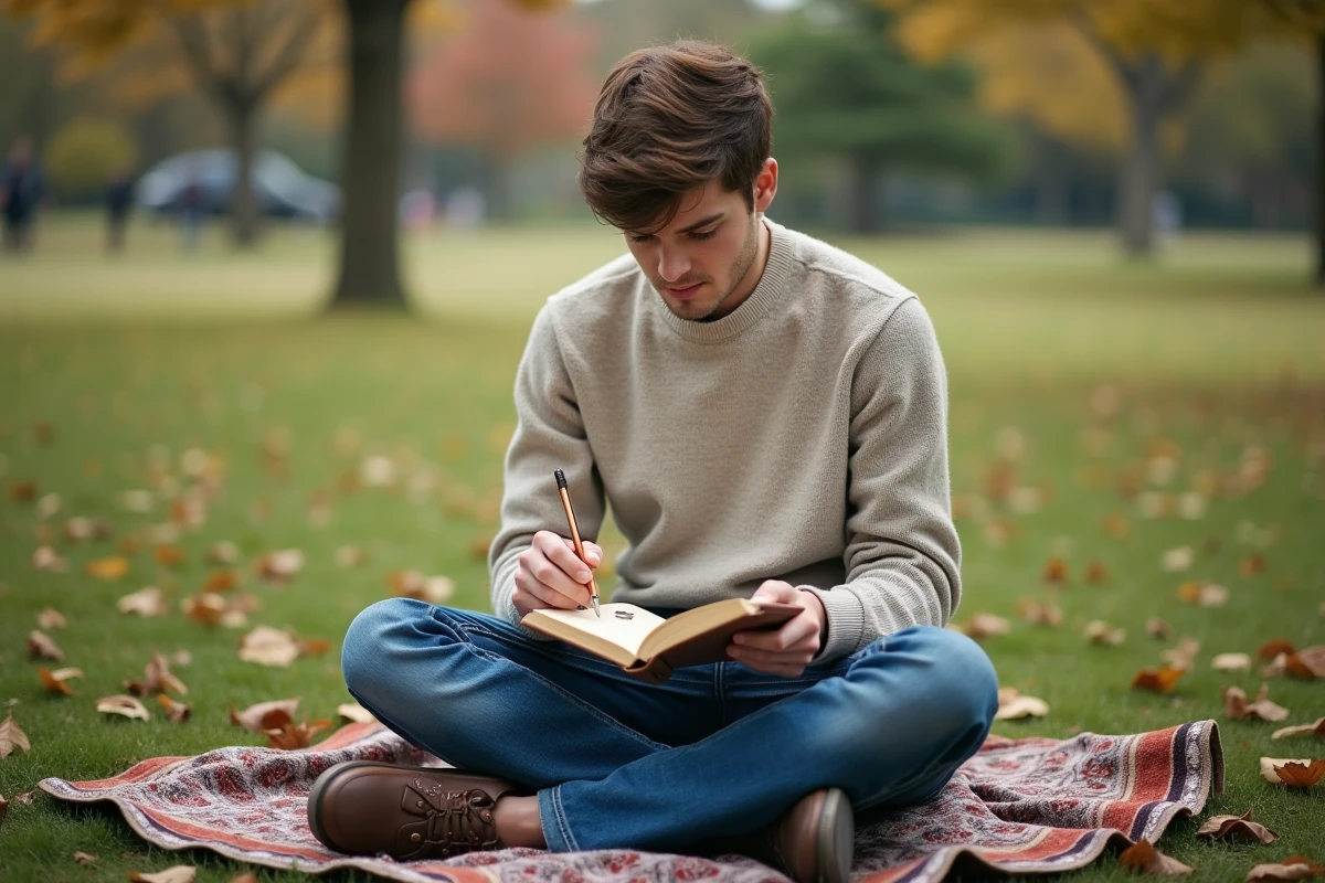 Jeune homme cataloguant des pièces de monnaie rares en plein air