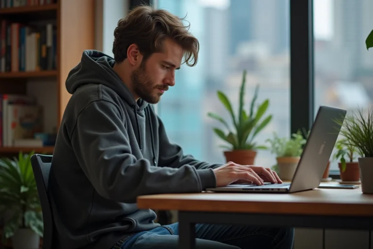 Jeune homme en hoodie travaillant sur son ordinateur à la maison
