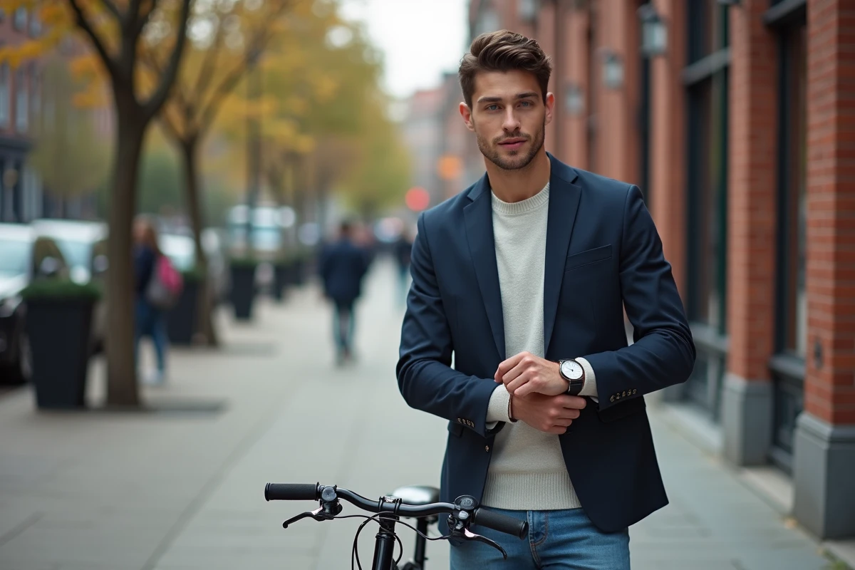 Jeune homme en ville avec vélo et montre minimaliste