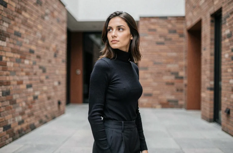 Portrait éditorial d'une jeune femme talentueuse au regard confiant dans une cour urbaine moderne aux murs en briques apparentes