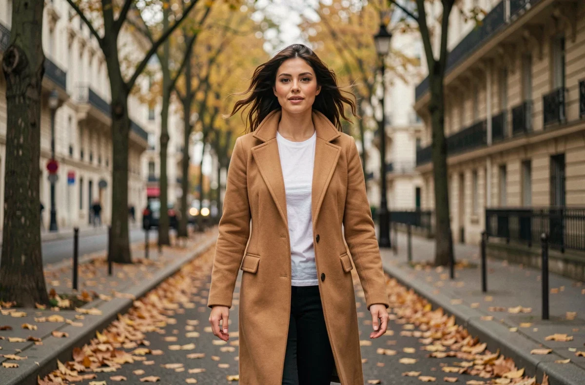 Jeune star montante marchant avec assurance sur un boulevard parisien en automne, manteau camel et atmosphère authentique
