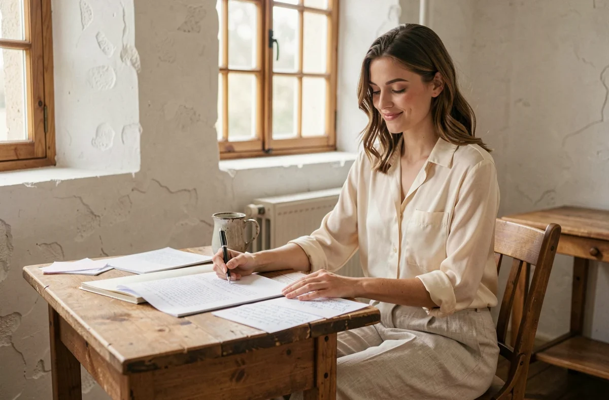 Jeune actrice inspirante concentrée sur son travail dans un studio lumineux avec des notes de script et une ambiance authentique