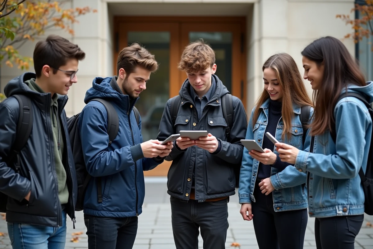 Groupe de lycéens parisiens avec tablettes devant l