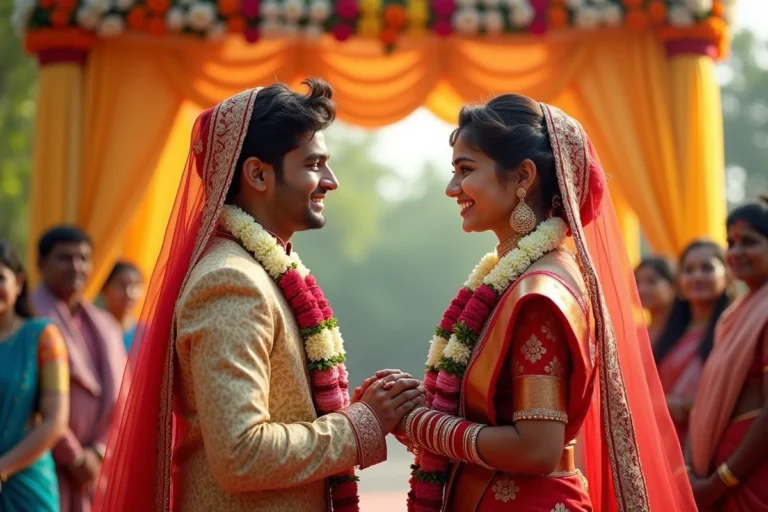 Jeune couple indien lors d'un mariage avec garlands colorés