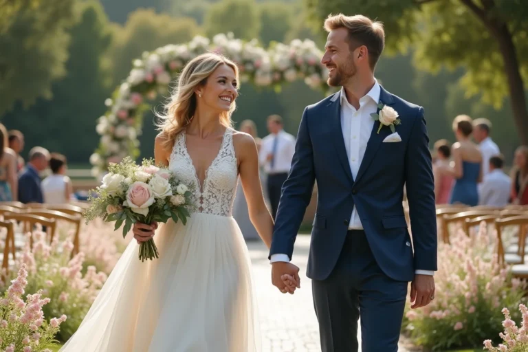 Jeune couple de mariés dans un jardin fleuri lors d'un mariage