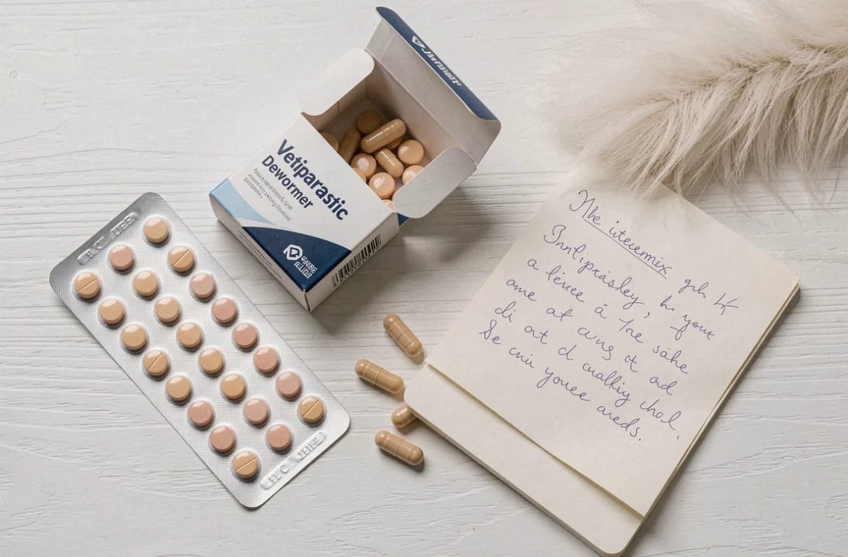 Vue de dessus de médicaments antiparasitaires pour chat incluant comprimés Credelio et vermifuge sur fond blanc en bois
