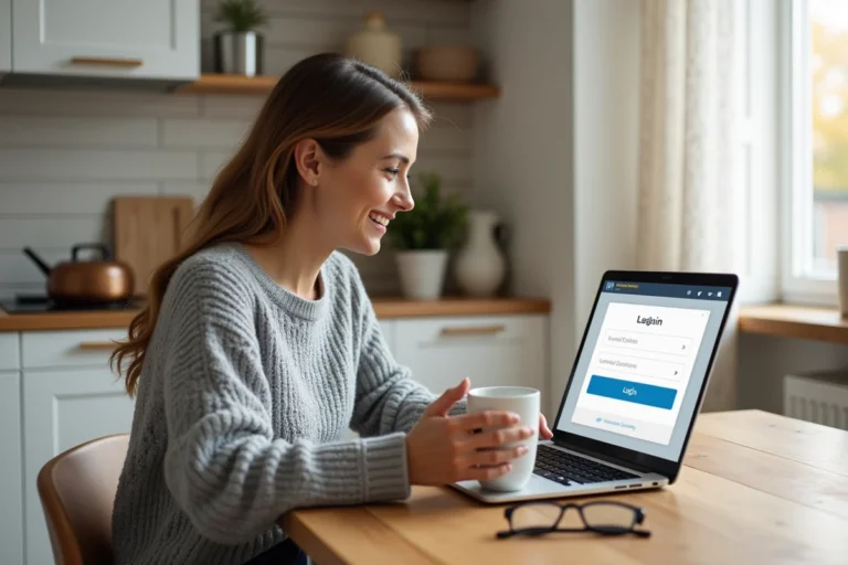 Mère de famille connectée à la plateforme maclasse 2023.fr depuis son ordinateur portable dans la cuisine