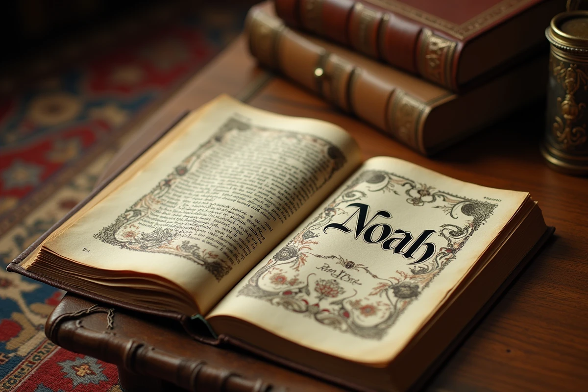 Vieux livre calligraphié ouvert sur un bureau en chêne avec le prénom Noah écrit en lettres ornées, évoquant l'histoire et l'origine du prénom