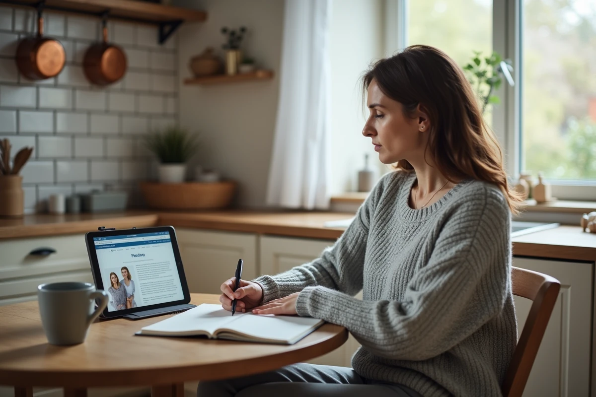 Mère consultant des ressources parentales sur une tablette à la table de cuisine avec un carnet de notes ouvert