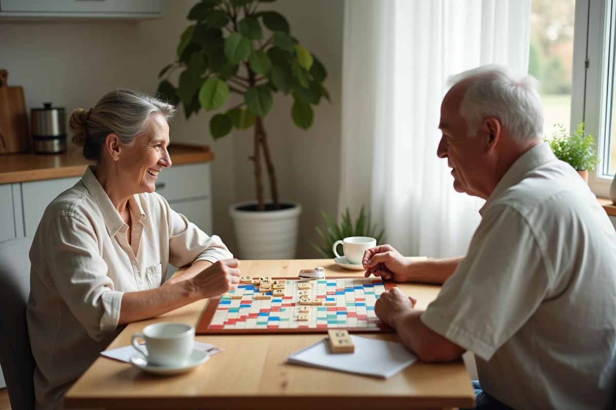 Deux adultes jouant une partie de Scrabble à une table de cuisine avec le plateau complet et des mots formés sur la grille