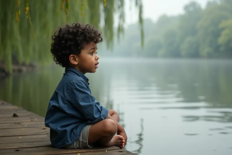 Jeune garçon prénommé Noah assis sur un ponton en bois au bord d'une rivière calme, illustrant l'histoire et la signification du prénom Noah