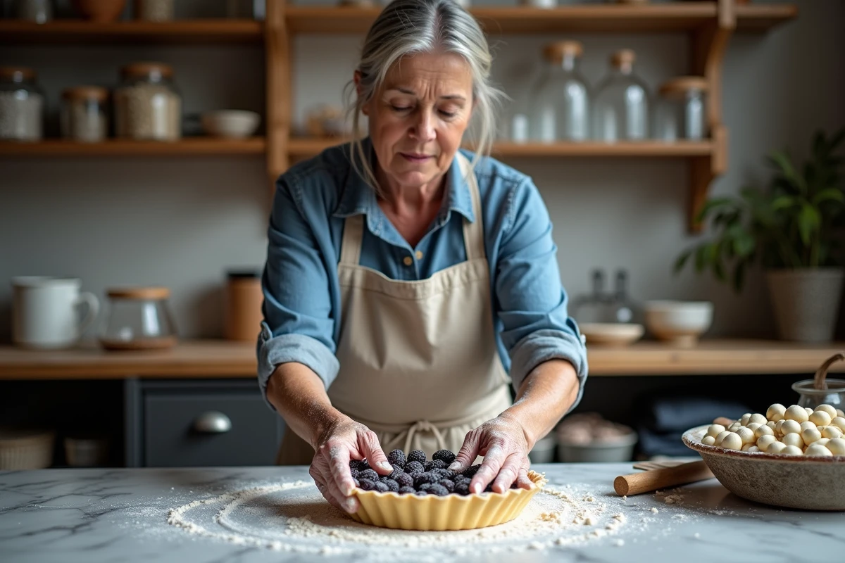 Femme préparant une tarte aux mûres du mûrier platane dans une cuisine avec un plan de travail en marbre et des ingrédients naturels