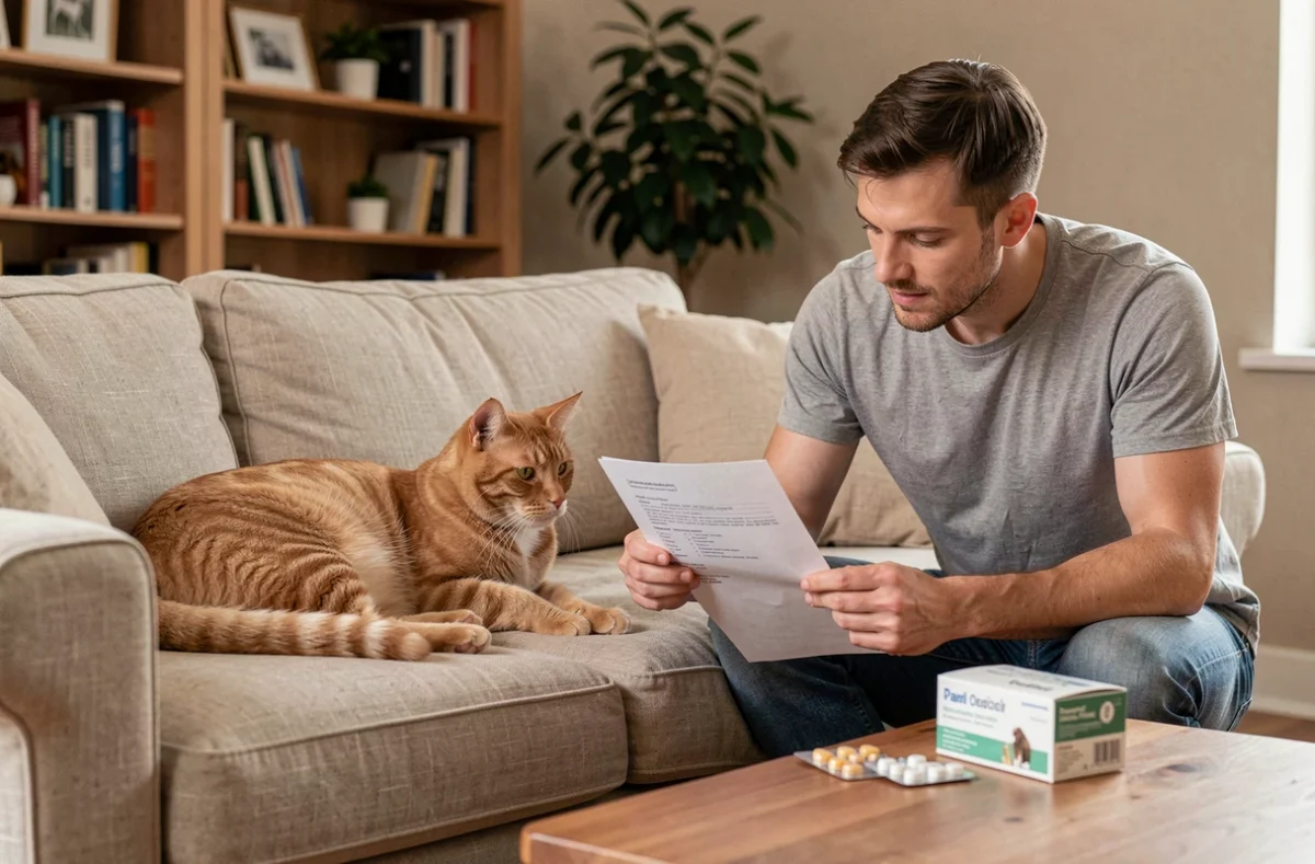 Propriétaire consultant une ordonnance vétérinaire avec des médicaments antiparasitaires pour son chat roux à domicile