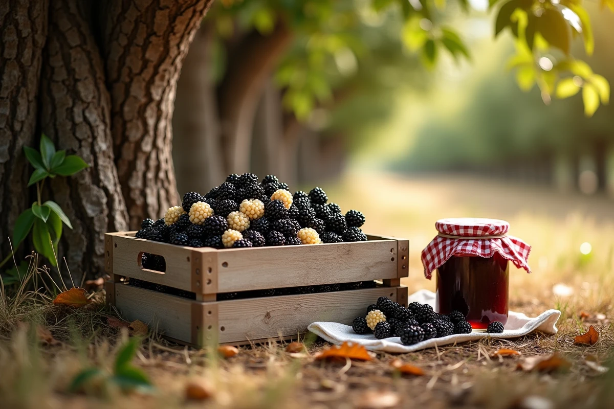 Caisse en bois remplie de mûres du mûrier platane dans un verger avec un pot de confiture artisanale posé sur l'herbe sèche en été