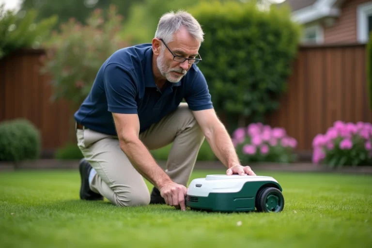 Homme réinitialisant un robot tondeuse Parkside dans un jardin résidentiel soigné