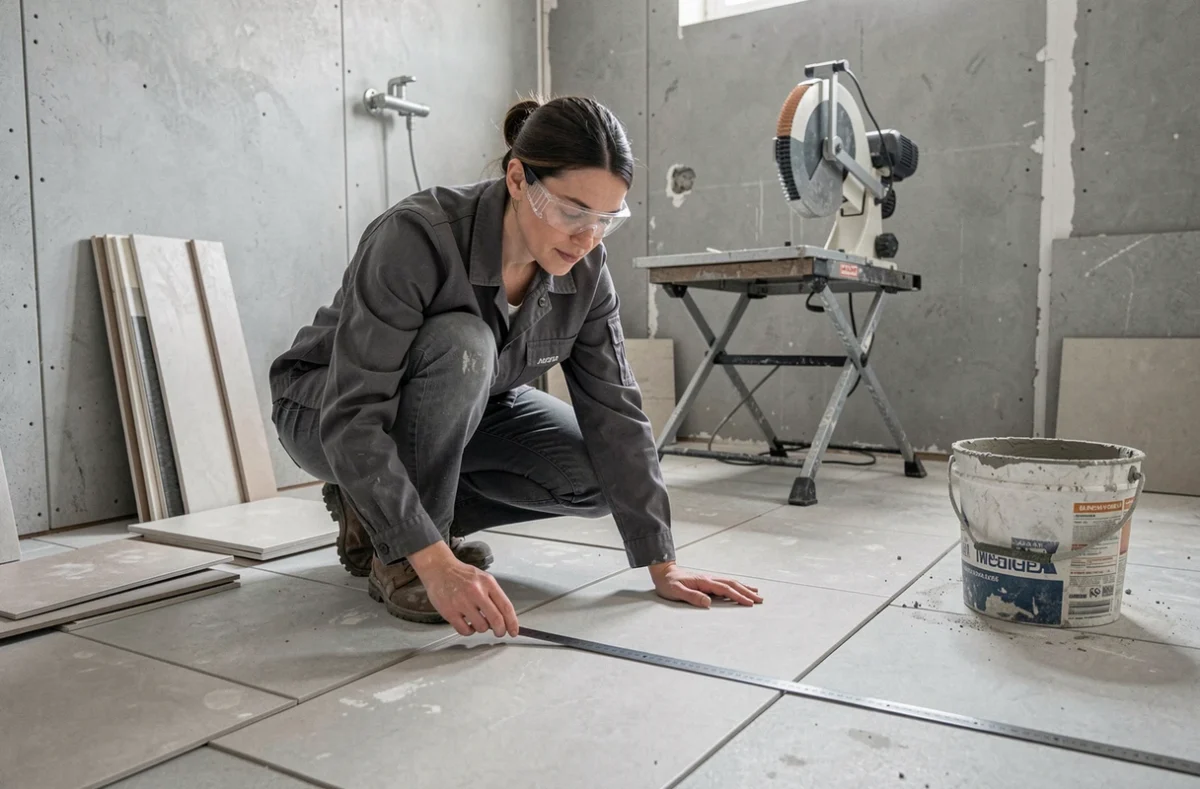 Femme mesurant des carreaux de céramique lors d'une rénovation de salle de bain