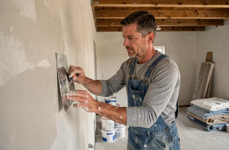 Artisan appliquant de l'enduit sur un mur en cours de rénovation intérieure avec une spatule métallique