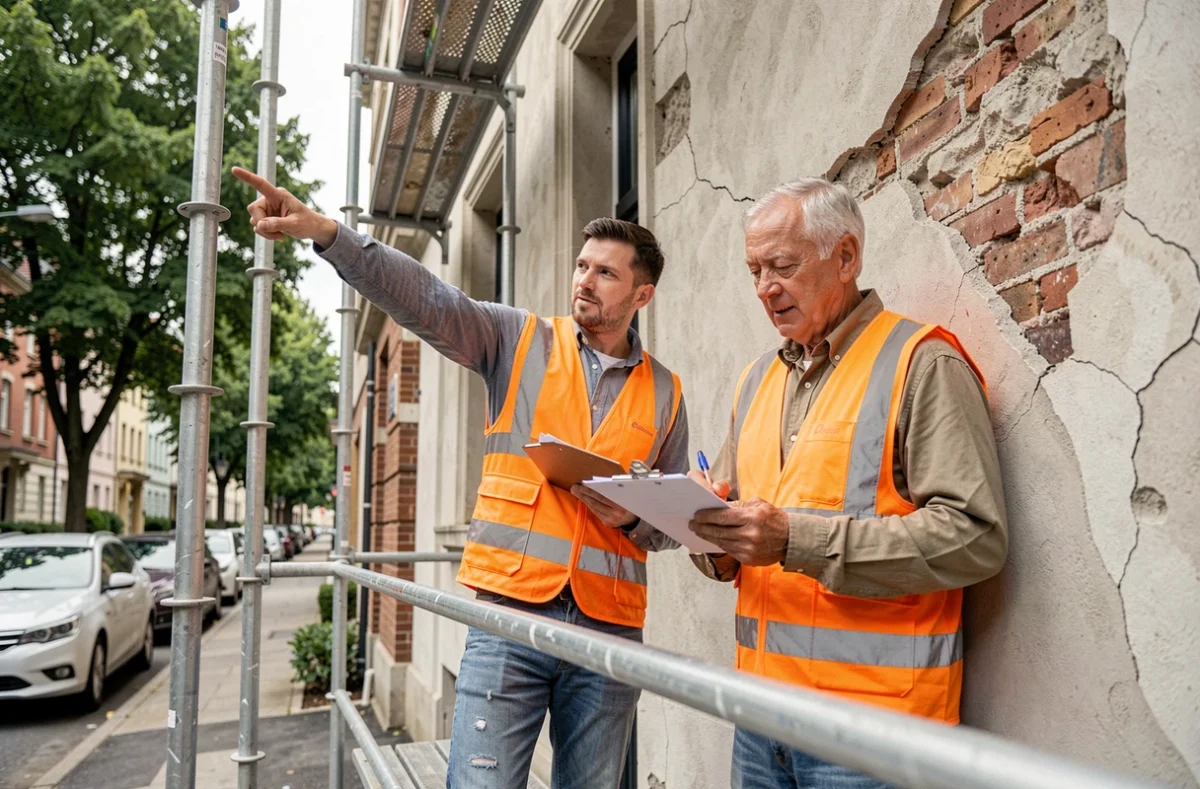 Deux artisans inspectant une façade en pierre lors de travaux de rénovation extérieure
