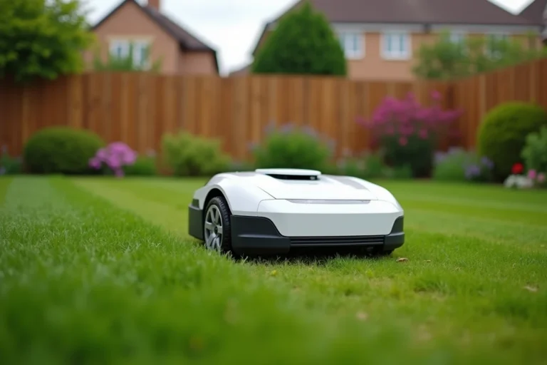 Robot tondeuse autonome en action sur une pelouse soignée dans un jardin pavillonnaire