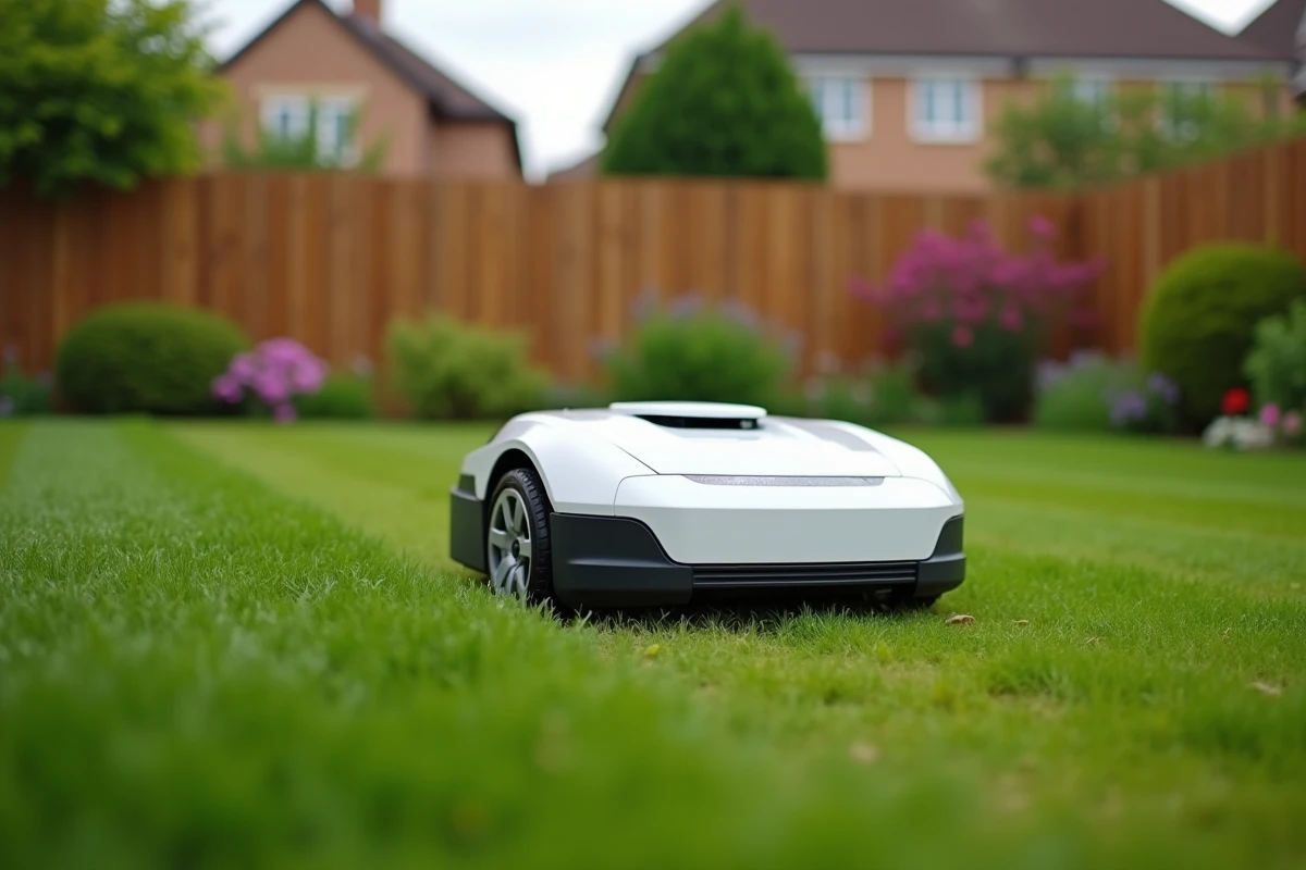 Robot tondeuse autonome en action sur une pelouse soignée dans un jardin pavillonnaire