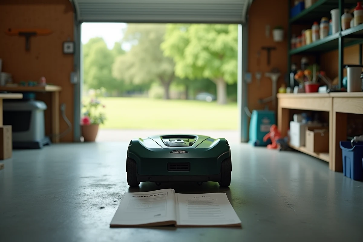 Robot tondeuse Parkside sur sa base de chargement dans un garage avec notice de réinitialisation