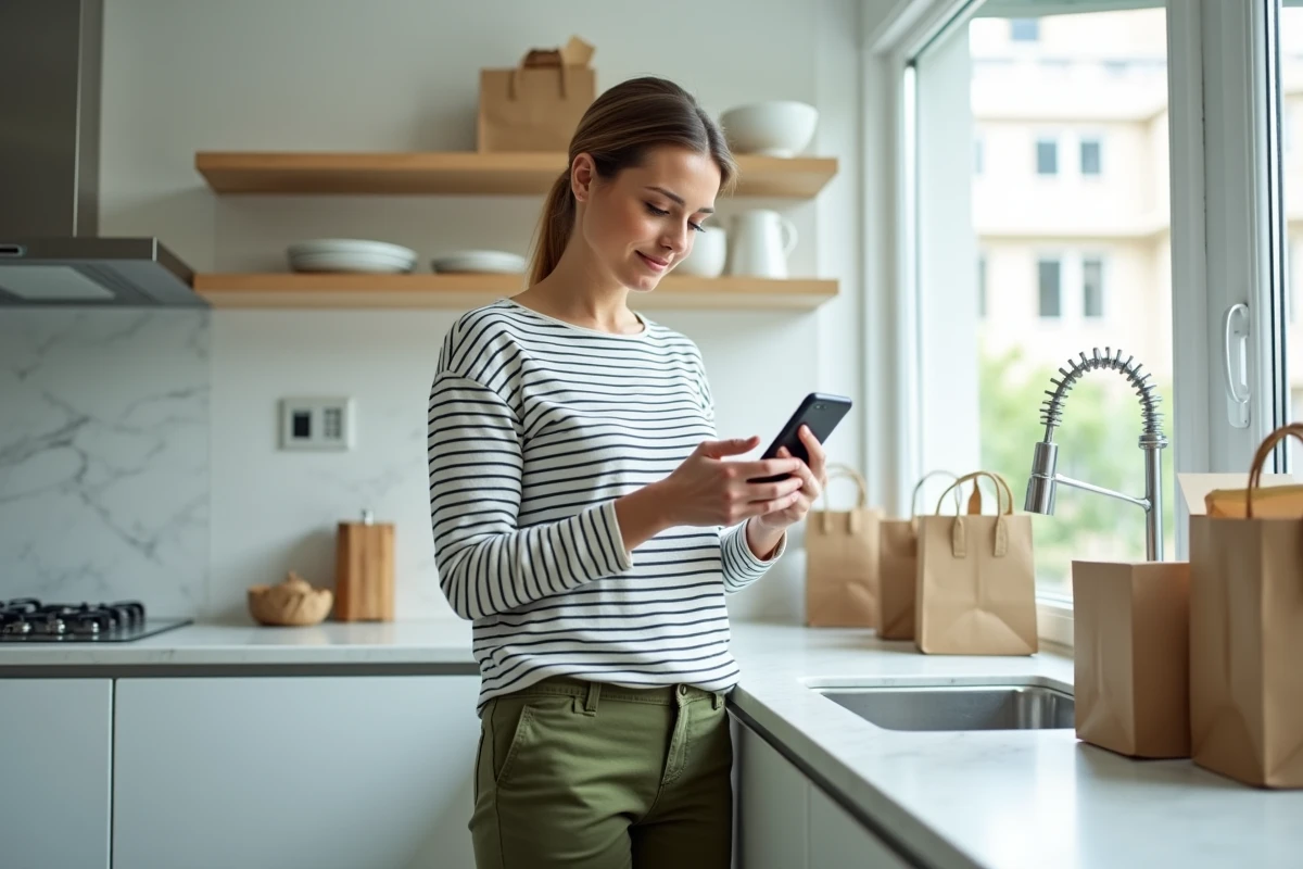 Femme consultant son smartphone pour comparer des offres en ligne dans une cuisine moderne avec des sacs et colis de livraison posés sur le plan de travail