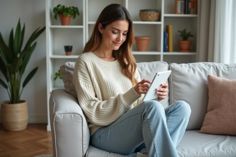 Jeune femme faisant du shopping en ligne sur une tablette, installée confortablement sur un canapé en lin gris dans un salon moderne et épuré
