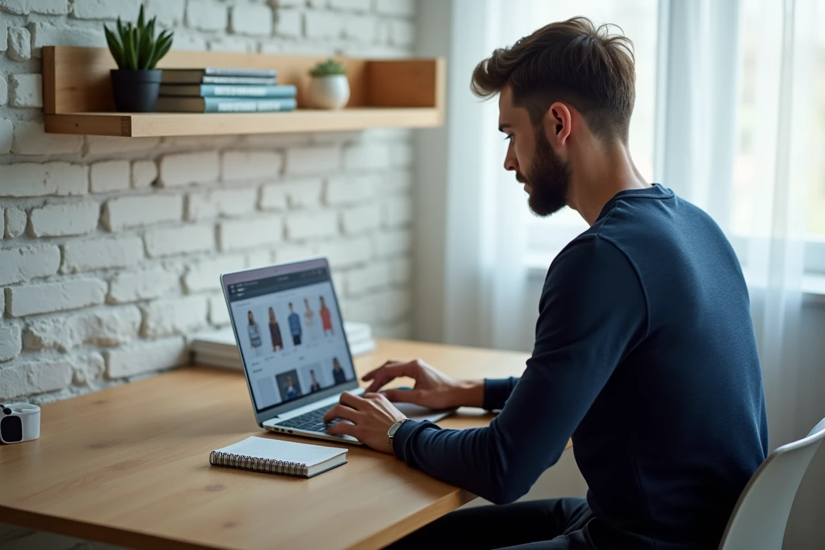 Homme naviguant sur un site de shopping en ligne depuis son bureau minimaliste en bois dans un espace de travail à domicile bien organisé