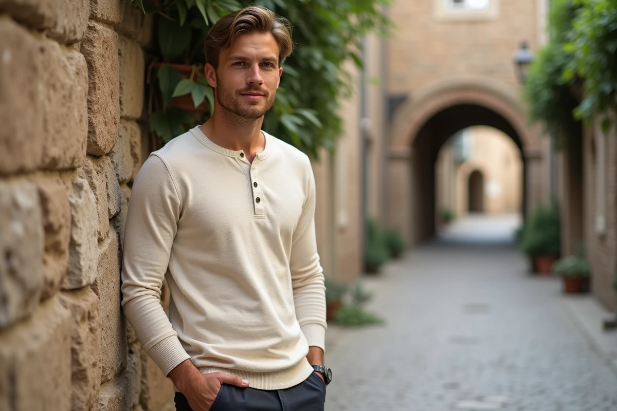 Jeune homme au prénom Noah debout devant un vieux mur de pierre dans un village européen, symbolisant l'héritage culturel et la signification du prénom