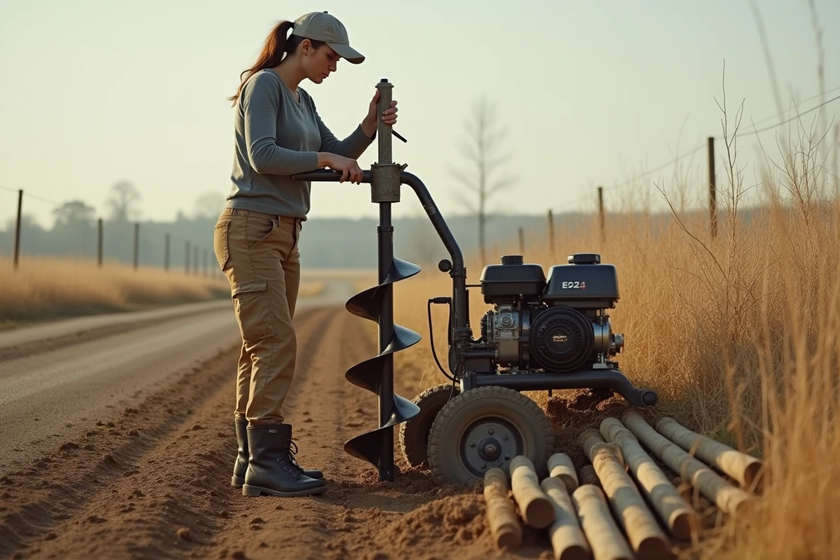 Femme utilisant une tarière motorisée pour forer un trou de poteau de clôture dans un sol argileux
