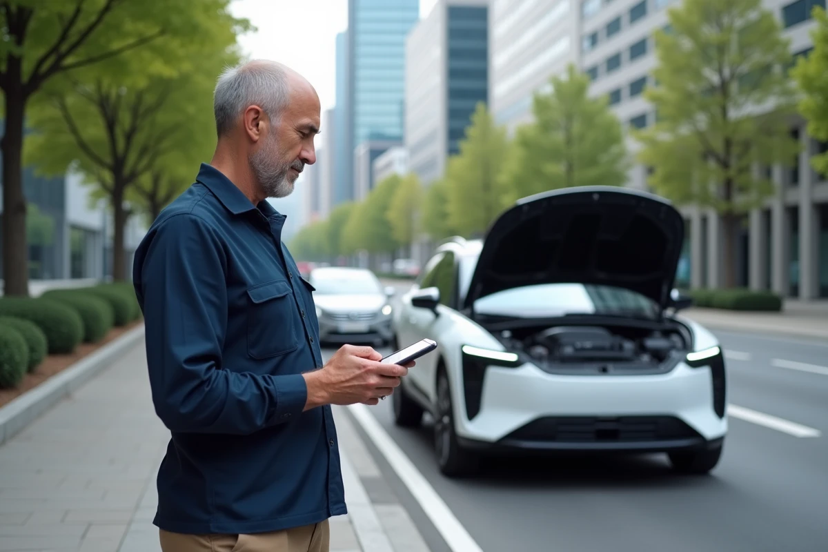 Technicien automobile utilisant une tablette sur une voiture autonome