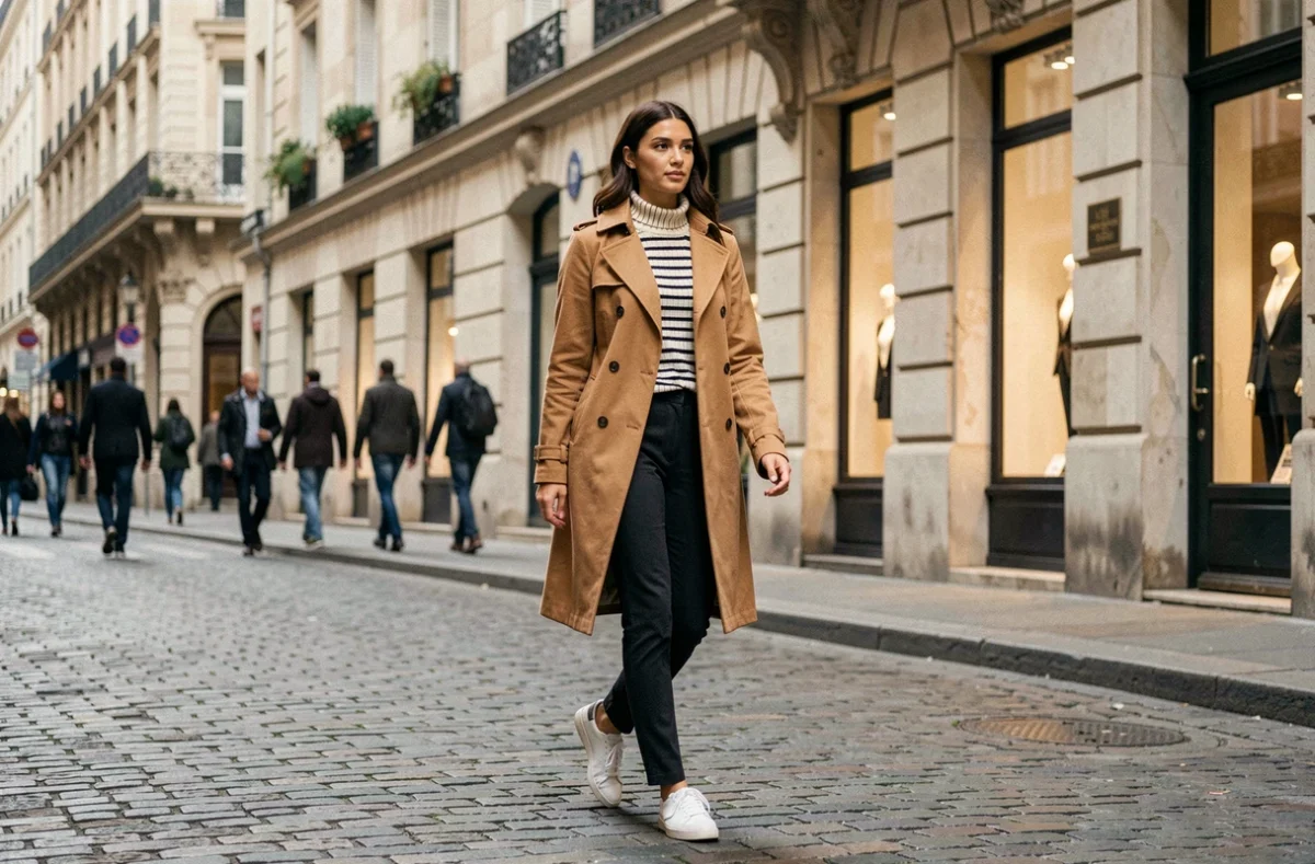 Femme stylée en trench coat camel marchant dans une rue pavée parisienne, tenue mode tendance automne