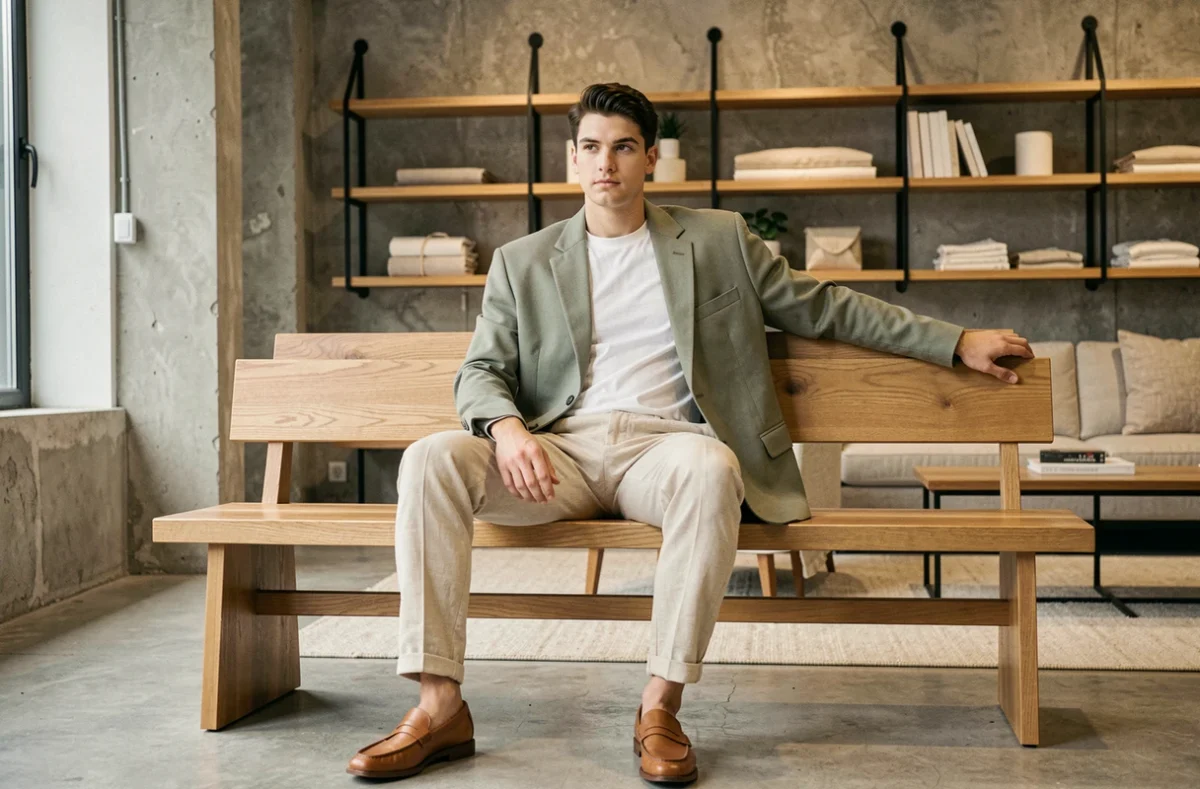 Homme en blazer vert sauge et pantalon en lin dans un concept store moderne, look mode tendance masculin
