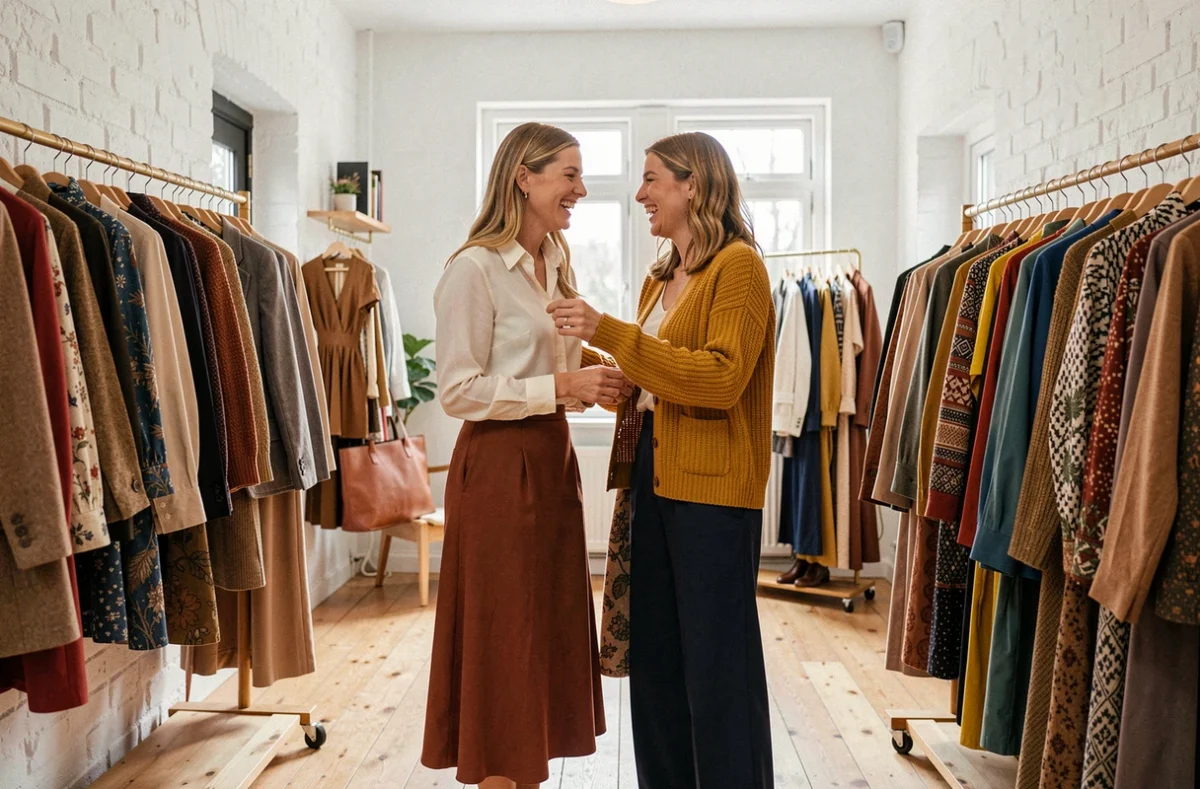 Deux femmes qui font du shopping dans une boutique de mode tendance, sélection de vêtements tendance quotidien