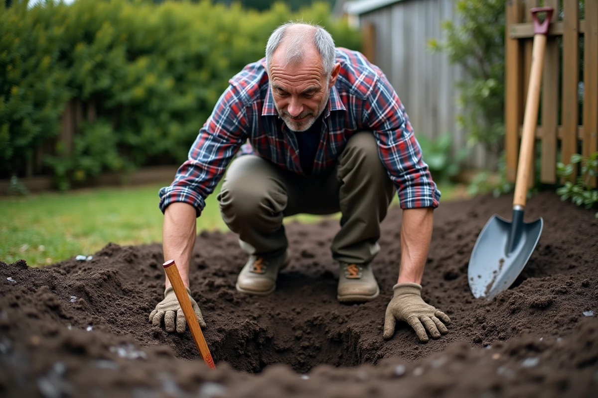 Homme vérifiant la profondeur d'un trou creusé pour un poteau de clôture dans un jardin humide