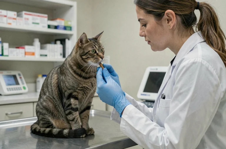 Vétérinaire administrant un comprimé antiparasitaire à un chat tigré sur une table d'examen en clinique vétérinaire