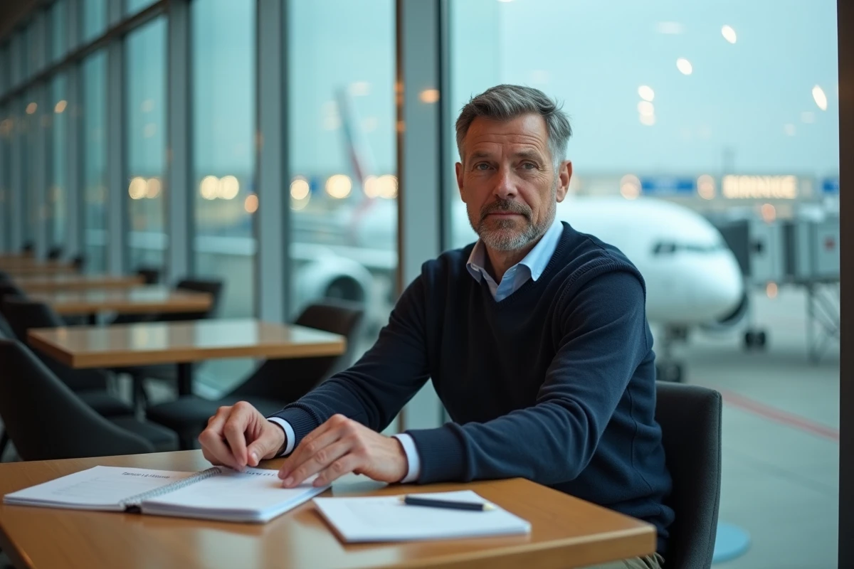 Voyageur organisant ses billets et documents de transport dans un café d'aéroport international